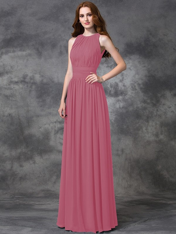 A-Line Charming Jewel Ruched Sleeveless Long Chiffon Bridesmaid Dresses