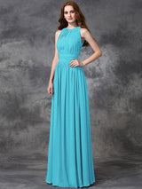 A-Line Charming Jewel Ruched Sleeveless Long Chiffon Bridesmaid Dresses