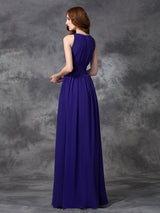 A-Line Charming Jewel Ruched Sleeveless Long Chiffon Bridesmaid Dresses