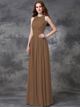 A-Line Charming Jewel Ruched Sleeveless Long Chiffon Bridesmaid Dresses