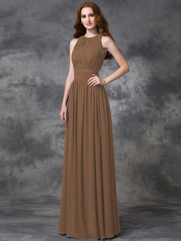 A-Line Charming Jewel Ruched Sleeveless Long Chiffon Bridesmaid Dresses