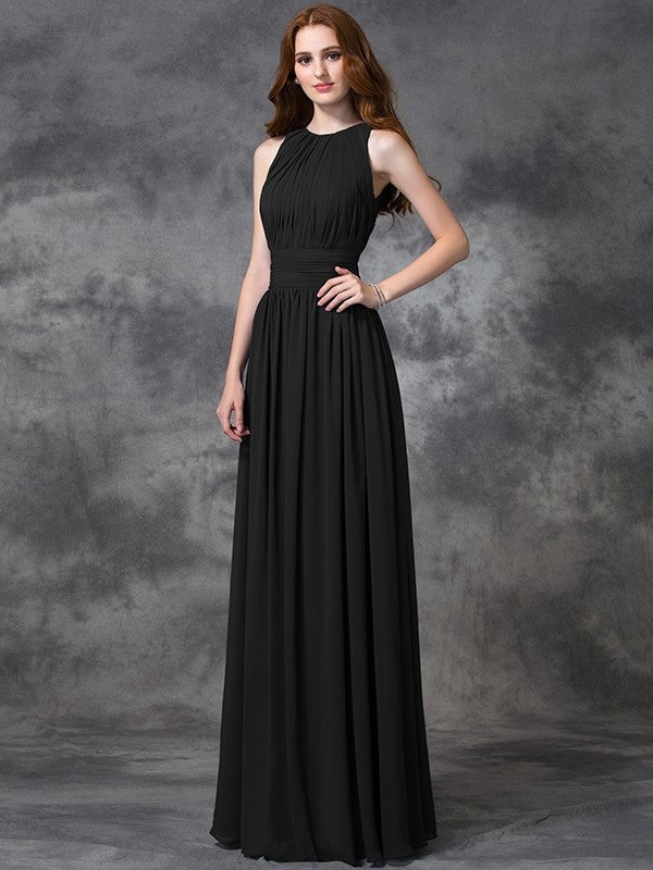 A-Line Charming Jewel Ruched Sleeveless Long Chiffon Bridesmaid Dresses