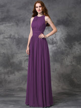 A-Line Charming Jewel Ruched Sleeveless Long Chiffon Bridesmaid Dresses