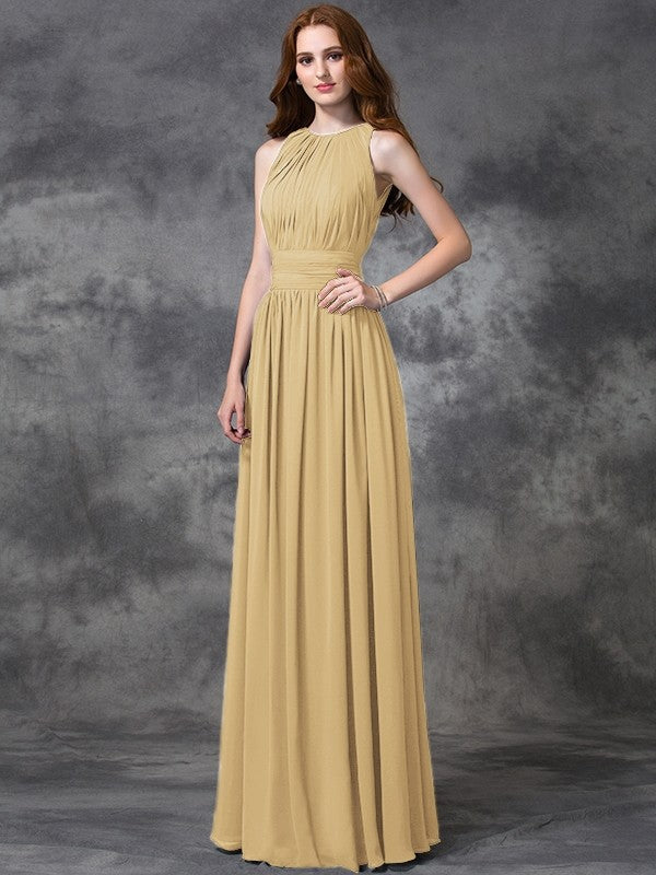 A-Line Charming Jewel Ruched Sleeveless Long Chiffon Bridesmaid Dresses