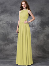 A-Line Charming Jewel Ruched Sleeveless Long Chiffon Bridesmaid Dresses