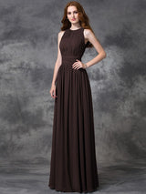 A-Line Charming Jewel Ruched Sleeveless Long Chiffon Bridesmaid Dresses