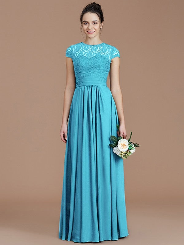 A-Line Charming Jewel Short Sleeves Lace Chiffon Bridesmaid Dresses