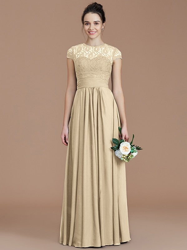 A-Line Charming Jewel Short Sleeves Lace Chiffon Bridesmaid Dresses