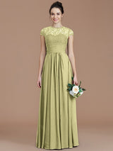 A-Line Charming Jewel Short Sleeves Lace Chiffon Bridesmaid Dresses