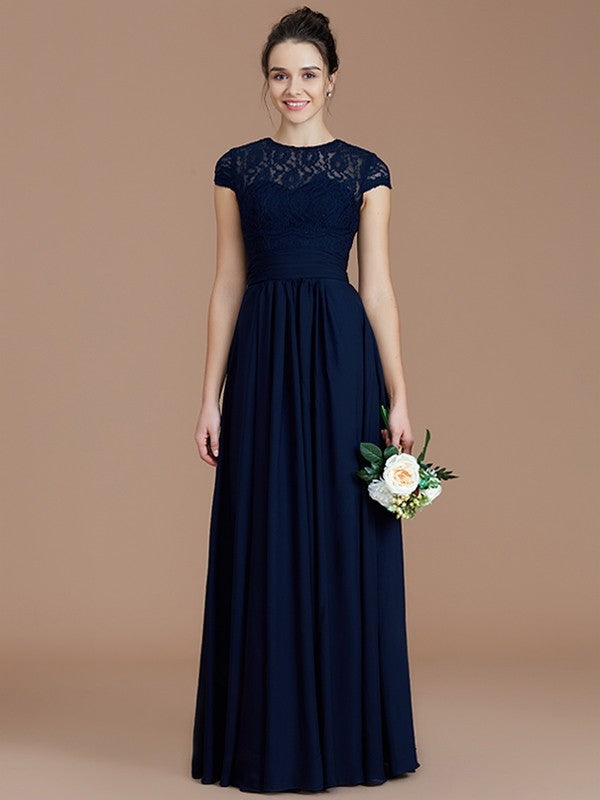 A-Line Charming Jewel Short Sleeves Lace Chiffon Bridesmaid Dresses