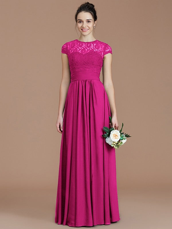 A-Line Charming Jewel Short Sleeves Lace Chiffon Bridesmaid Dresses