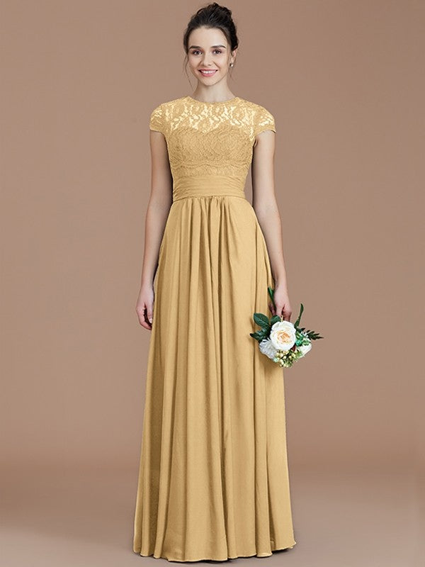 A-Line Charming Jewel Short Sleeves Lace Chiffon Bridesmaid Dresses