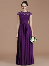 A-Line Charming Jewel Short Sleeves Lace Chiffon Bridesmaid Dresses