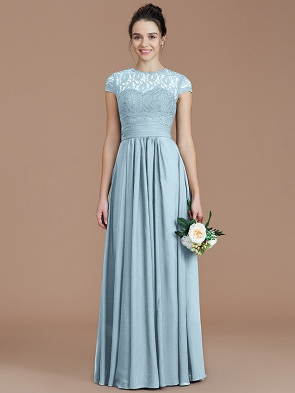 A-Line Charming Jewel Short Sleeves Lace Chiffon Bridesmaid Dresses