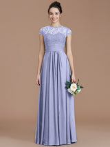 A-Line Charming Jewel Short Sleeves Lace Chiffon Bridesmaid Dresses