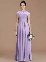 A-Line Charming Jewel Short Sleeves Lace Chiffon Bridesmaid Dresses