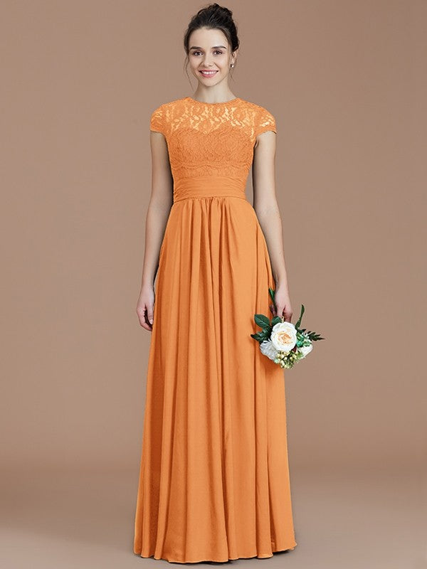 A-Line Charming Jewel Short Sleeves Lace Chiffon Bridesmaid Dresses