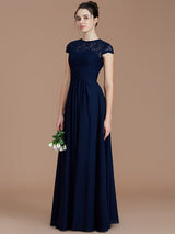 A-Line Charming Jewel Short Sleeves Lace Chiffon Bridesmaid Dresses