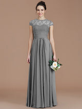 A-Line Charming Jewel Short Sleeves Lace Chiffon Bridesmaid Dresses