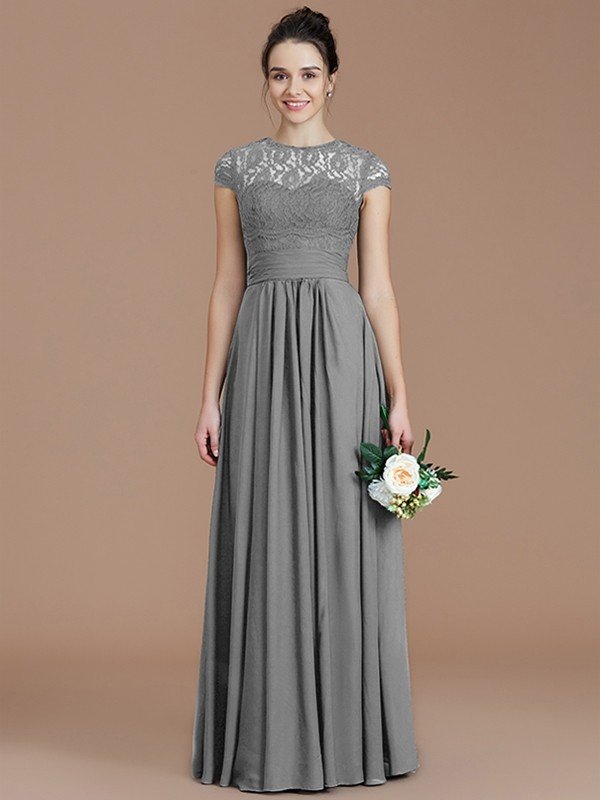 A-Line Charming Jewel Short Sleeves Lace Chiffon Bridesmaid Dresses