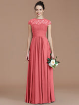 A-Line Charming Jewel Short Sleeves Lace Chiffon Bridesmaid Dresses