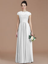 A-Line Charming Jewel Short Sleeves Lace Chiffon Bridesmaid Dresses