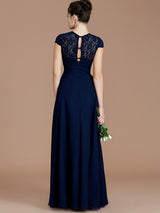 A-Line Charming Jewel Short Sleeves Lace Chiffon Bridesmaid Dresses