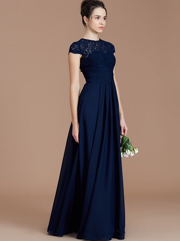 A-Line Charming Jewel Short Sleeves Lace Chiffon Bridesmaid Dresses