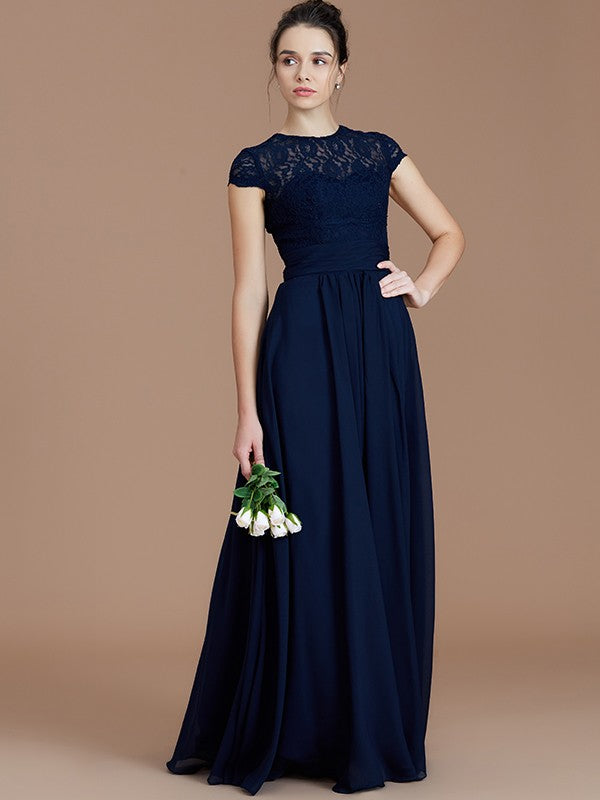 A-Line Charming Jewel Short Sleeves Lace Chiffon Bridesmaid Dresses