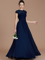 A-Line Charming Jewel Short Sleeves Lace Chiffon Bridesmaid Dresses