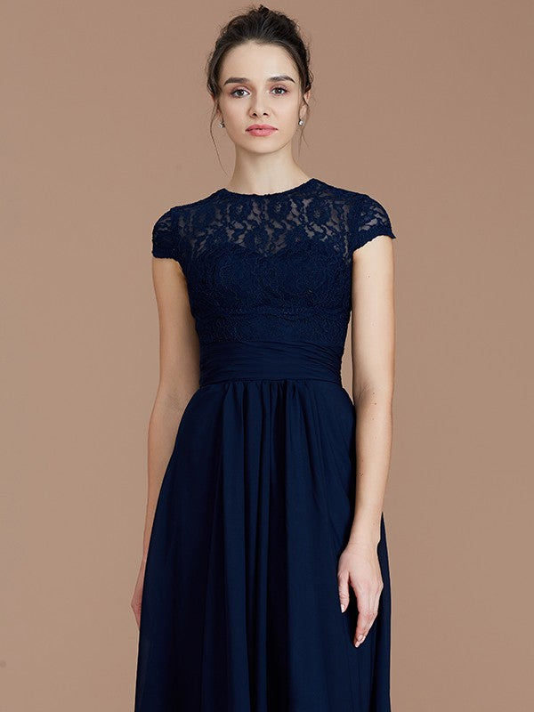 A-Line Charming Jewel Short Sleeves Lace Chiffon Bridesmaid Dresses