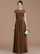 A-Line Charming Jewel Short Sleeves Lace Chiffon Bridesmaid Dresses