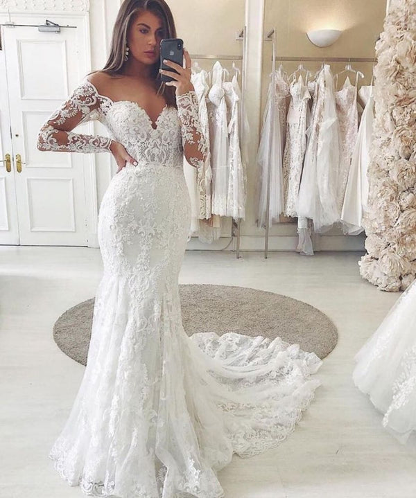 stylesnuggle offers Charming Lace Appliques Mermaid Wedding Gown Long Sleeves Sweetheart Bridal Dress at a good price, 1000+ styles, fast delivery.