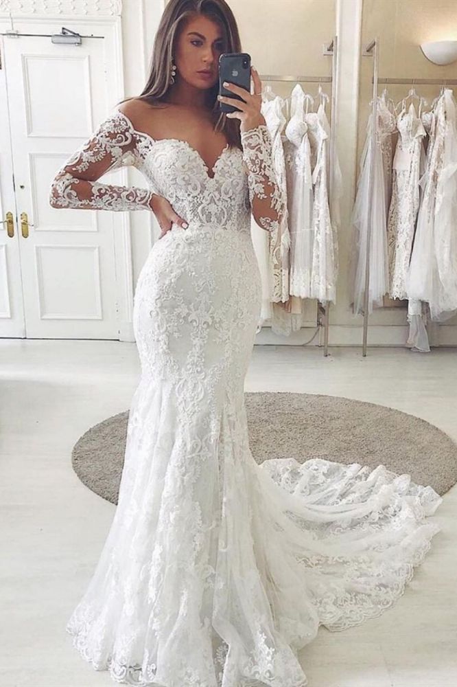 stylesnuggle offers Charming Lace Appliques Mermaid Wedding Gown Long Sleeves Sweetheart Bridal Dress at a good price, 1000+ styles, fast delivery.