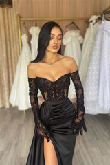 Charming Long Black Off-the-Shoulder Lace Mermaid Long Sleeves Prom Dresses Long Slit Online-stylesnuggle