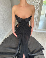 Charming Long Black Strapless Front Split Long Prom Dresses-stylesnuggle