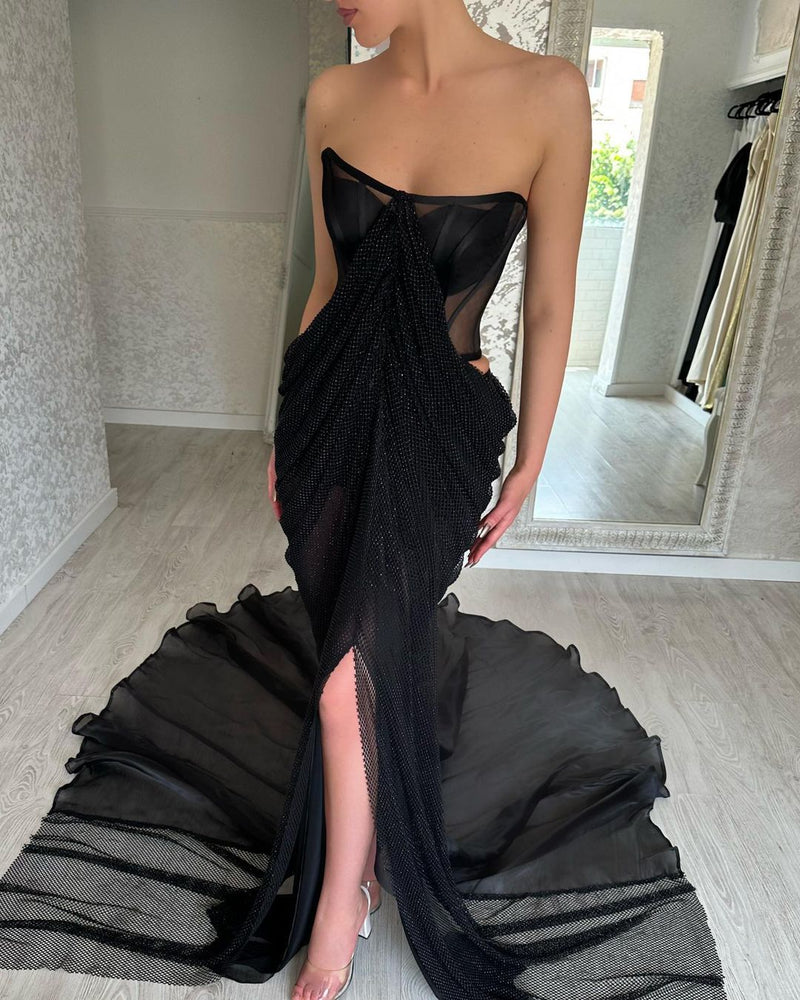 Charming Long Black Strapless Front Split Long Prom Dresses-stylesnuggle