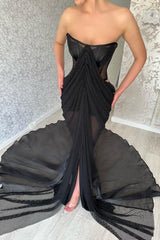 Charming Long Black Strapless Front Split Long Prom Dresses-stylesnuggle