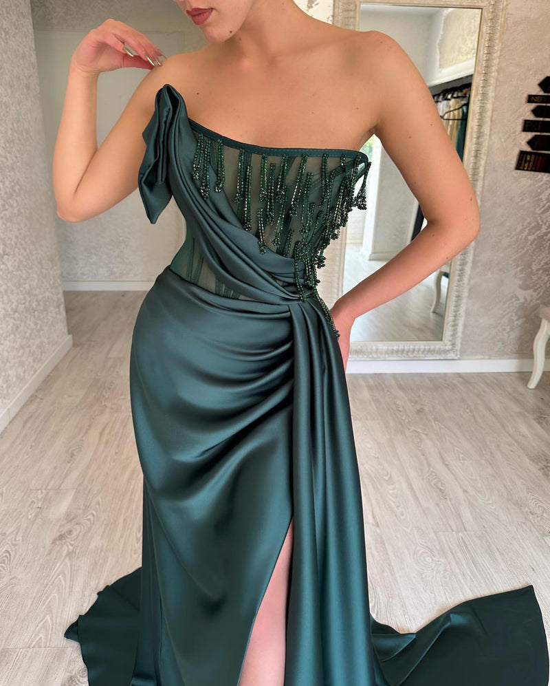 Charming Long Dark Green Sleeveless Beading Prom Dresses Long Slit Online-stylesnuggle