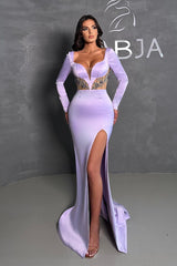 Charming Long Lilac Mermaid Beading Long Sleeves Prom Dresses Long Slit Online-stylesnuggle