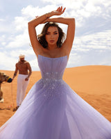 Charming Long Lilac Sleeveless Crystals Tulle Prom Dresses-stylesnuggle