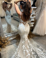 Charming Long Mermaid Spaghetti Straps Appliques V-neck Wedding Dress With Train