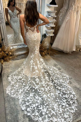 Charming Long Mermaid Spaghetti Straps Appliques V-neck Wedding Dress With Train