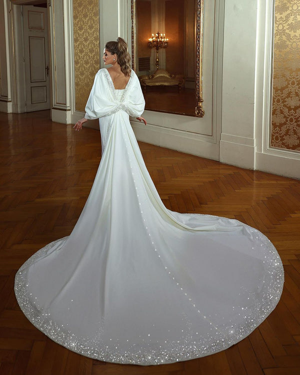 Charming Long Mermaid Sweetheart Long Sleeves Beading Wedding Dress With Train-stylesnuggle