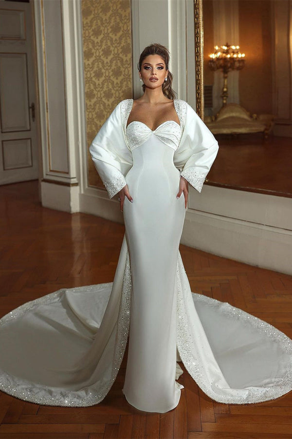 Charming Long Mermaid Sweetheart Long Sleeves Beading Wedding Dress With Train-stylesnuggle