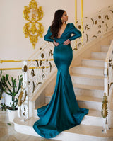 Charming Long Mermaid V-neck Beading Prom Dresses With Long Sleeves-stylesnuggle