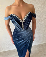 Charming Long Navy Off-the-Shoulder Ankle Length Prom Dresses Long Slit Online-stylesnuggle