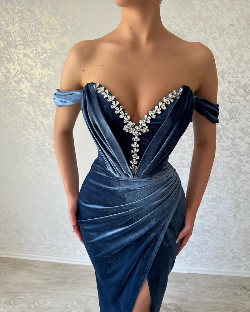 Charming Long Navy Off-the-Shoulder Ankle Length Prom Dresses Long Slit Online-stylesnuggle