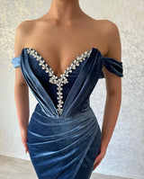 Charming Long Navy Off-the-Shoulder Ankle Length Prom Dresses Long Slit Online-stylesnuggle