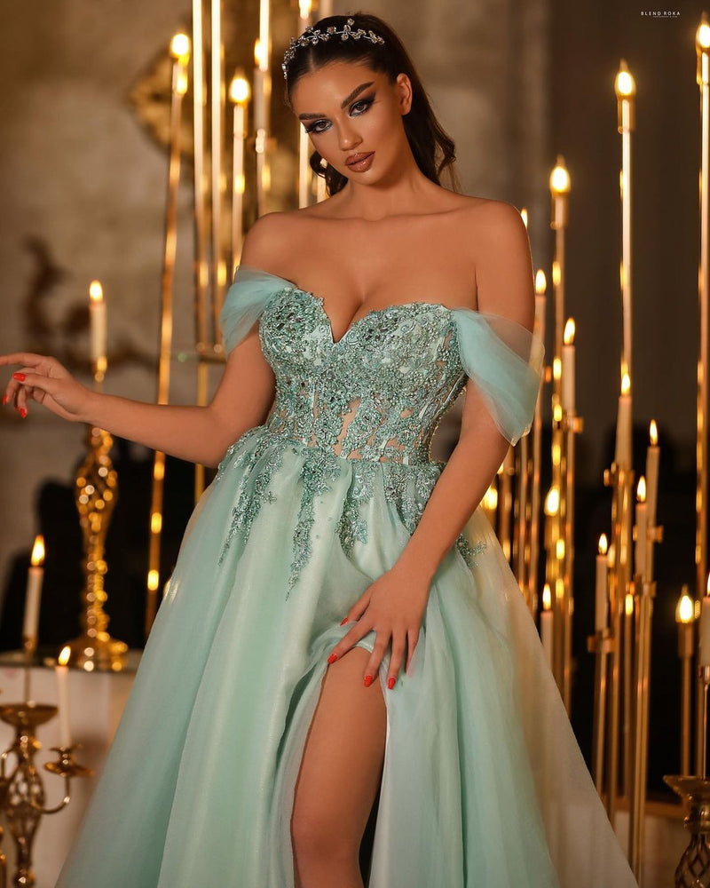 Charming Long Off-the-Shoulder Lace Beading Prom Dresses Long Slit Online-stylesnuggle